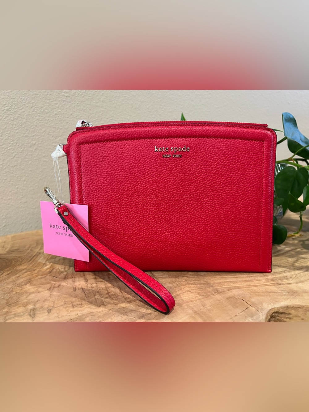 Kate Spade Pebbled Red Leather Wristlet with Strap